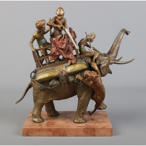 53 - Franz Bergman (1838-1894), a cold painted bronze model on marble base, The Tiger Hunt. Marked with B... 