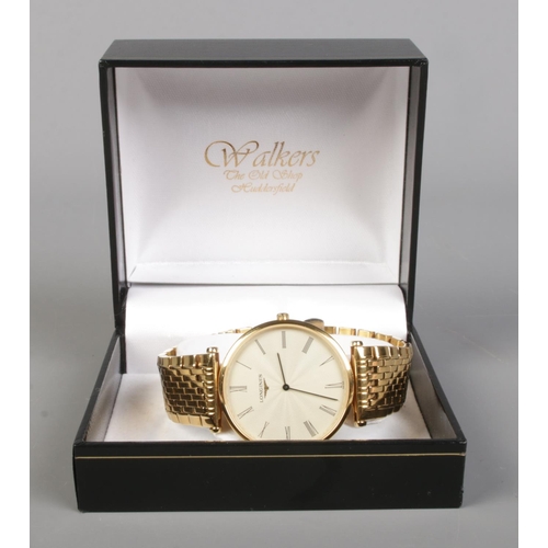 81 - A gents gold plated Longines La Grand Classique quartz wristwatch. Having satin dial and Roman numer... 