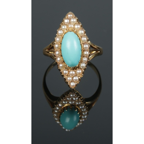 89 - An 18ct gold turquoise and seed pearl navette ring. Size P 1/2. 6.91g.