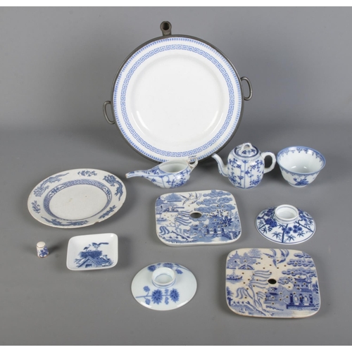 265 - A collection of blue and white ceramics to include Royal Copenhagen stork dish, oriental bowl with c... 