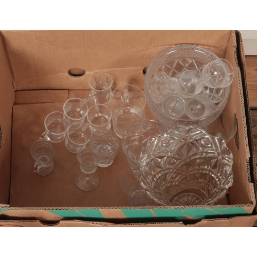 312 - A box of glass. Includes Edwardian decanter & glasses, modern air twist stem examples, etc.