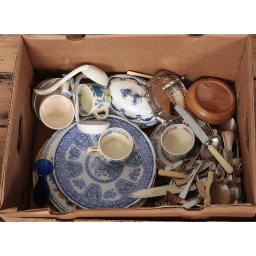 313 - A box of miscellaneous. Includes hand painted floral jug, Royal Doulton, silver plated tray, resin f... 