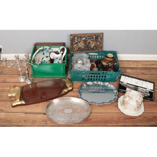 330 - Two boxes of miscellaneous. Includes Samuel Peace carving set, candelabra, trays, wall plaques, etc.