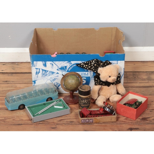 345 - A box of assorted toys and ephemera, to include miniature globe on stand, pool table, Meccano, die c... 