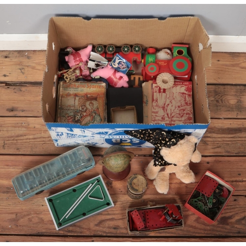 345 - A box of assorted toys and ephemera, to include miniature globe on stand, pool table, Meccano, die c... 