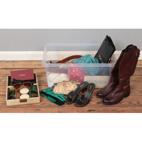 347 - A box of mainly ladies and dress fashion items. To include gloves, boots, evening bags, shoe trees a... 