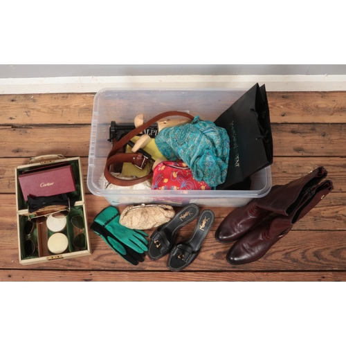 347 - A box of mainly ladies and dress fashion items. To include gloves, boots, evening bags, shoe trees a... 