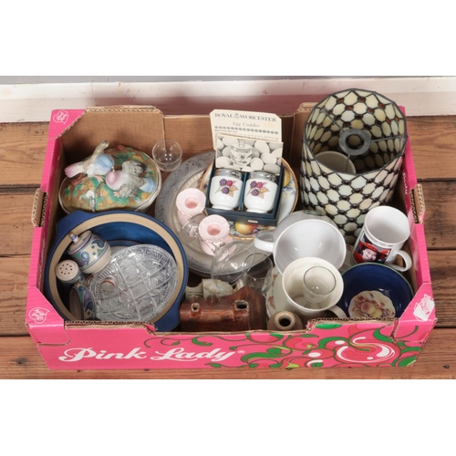 348 - A box of assorted ceramics and glassware, to include Royal Worcester, Bunnykins, Poole and Denby exa... 