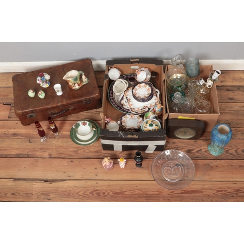 354 - Two boxes of miscellaneous to include Bretby vase, Royal Doulton crystal vase, vintage suitcase, Pig... 