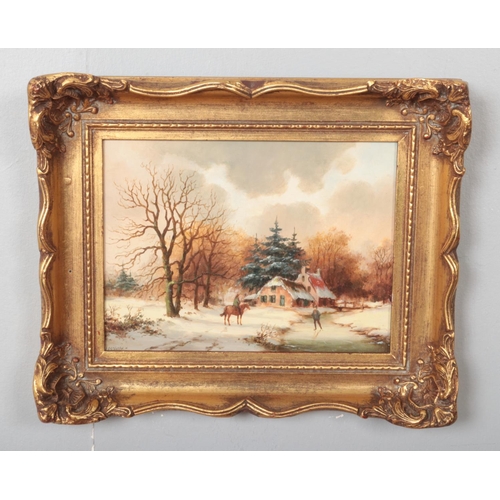 387 - Oostveen, A gilt framed oil on board, depicting snowy cottage scene with figures. (17cm x 23cm)