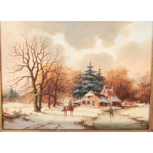 387 - Oostveen, A gilt framed oil on board, depicting snowy cottage scene with figures. (17cm x 23cm)