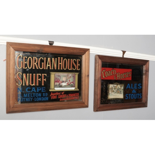 388 - A Georgian House Snuff advertising mirror along with Coach and Horses Ales and Stout advertising mir... 