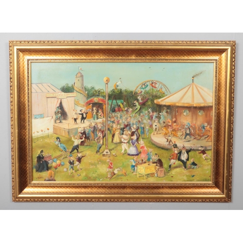 398 - Ken Allsebrook (Worksop Artist); a framed oil on canvas titled 'The Cheese Fair', depicting mice par... 