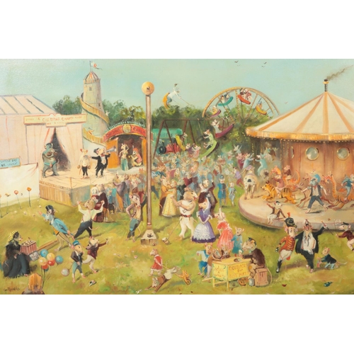 398 - Ken Allsebrook (Worksop Artist); a framed oil on canvas titled 'The Cheese Fair', depicting mice par... 