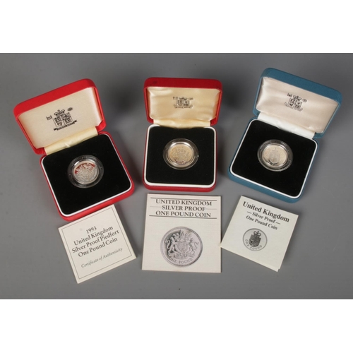 453 - Three cased Royal Mint silver proof one pound coins. Includes 1993 United Kingdom Piedfort example, ... 