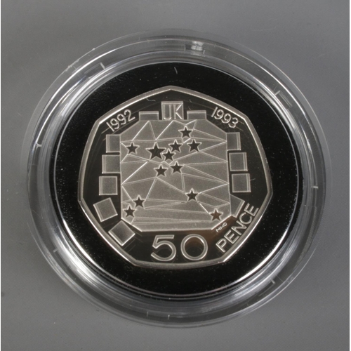 455 - A cased Royal Mint 1992-1993 EC Presidency Silver Proof Piedfort Fifty Pence Coin.