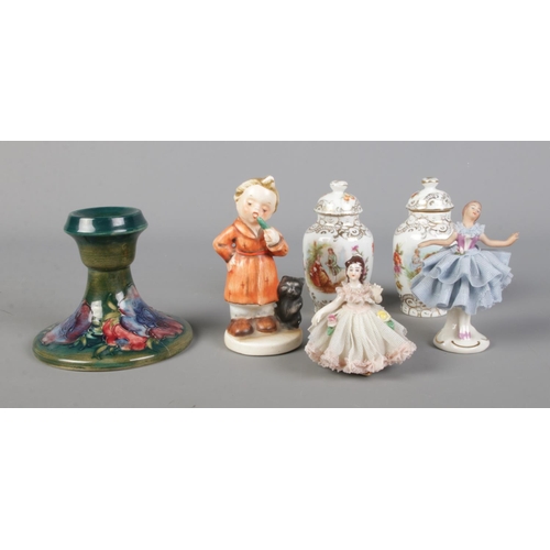 471 - A collection of ceramics to include Moorcroft Anemone pattern candlestick, Dresden lacework dancer f... 