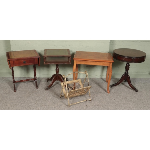 408 - Four occasional tables and a metal paper rack. Includes mahogany drum table, leather top occasional ... 