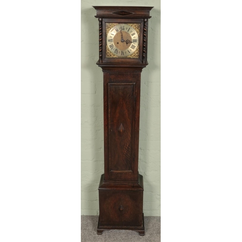 409 - A John Mason of Rotherham oak granddaughter clock decorated with cherub scrollwork motifs and roman ... 