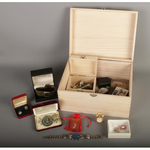 19 - A box with contents of mostly assorted costume jewellery and wristwatch to include Accurist, novelty... 