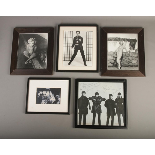48 - Five framed photos of The Beatles, Rolling Stones, Elvis & Marilyn Monroe.