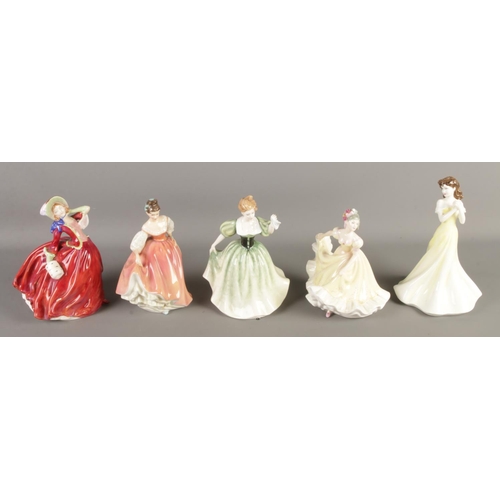 81 - Five Royal Doulton figures. Includes Kathryn HN4040, Ninette HN4717, Autumn Breezes HN1934, etc.