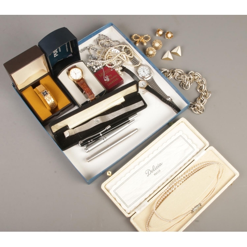 91 - A quantity of costume jewellery jewellery and pens. Includes manual ladies wristwatches, Parker Fron... 