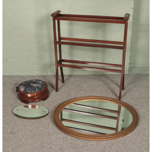 407 - A collection of assorted furniture to include gilt framed mirror, upholstered footstool, towel rail ... 