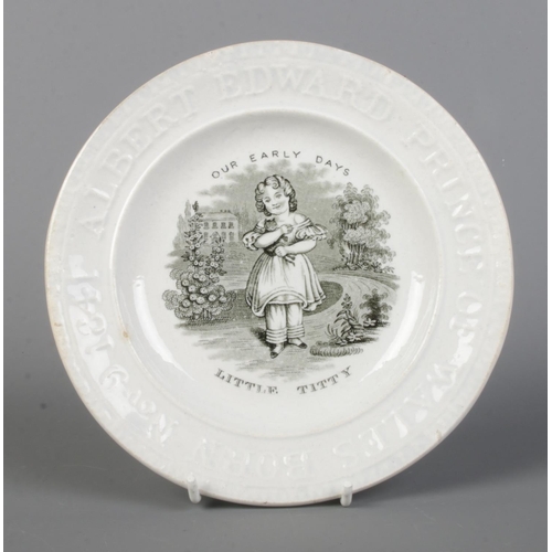 398 - A 19th century pearlware nursery plate commemorating the birth of Prince Albert Edward of Wales, 184... 