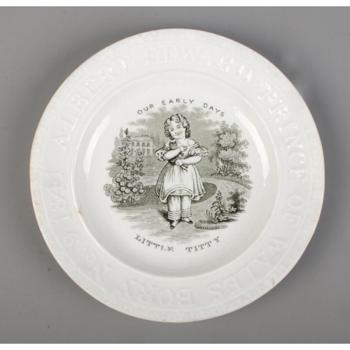 398 - A 19th century pearlware nursery plate commemorating the birth of Prince Albert Edward of Wales, 184... 