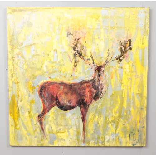 295 - Andrew Coombes, a large unframed acrylic on canvas, study of a Stag. 102cm x 102cm.