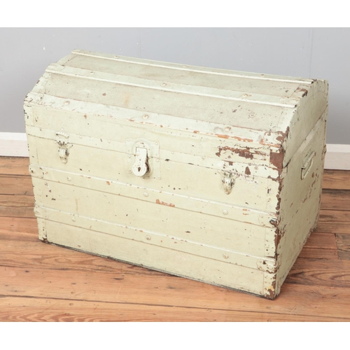 446 - A vintage painted dome top, wooden bound trunk.