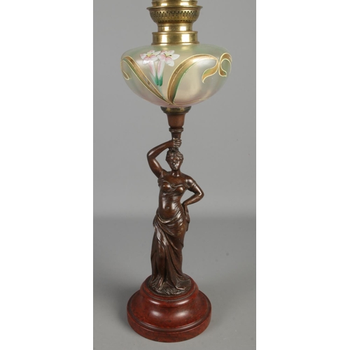 11 - A pair of Art Nouveau style oil lamps, with painted glass reservoirs and figures raised on turned ba... 
