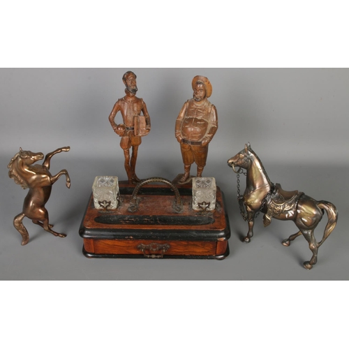 120 - A rosewood desk stand with two mounted glass inkwells along with a pair of Spanish Ouro carved woode... 