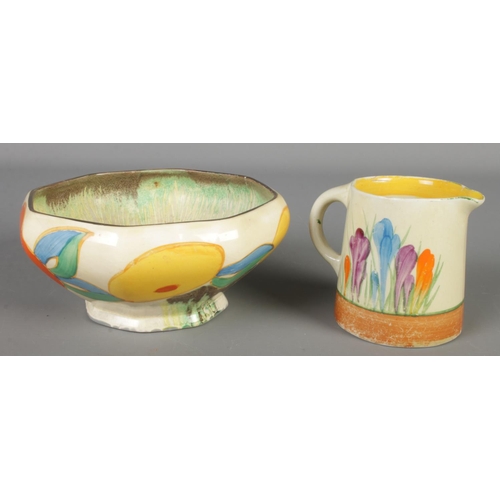 135 - Two Clarice Cliff ceramics. Includes Crocus pattern jug and Citrus pattern bowl.