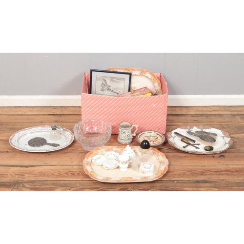 149 - One box of assorted miscellaneous, top include silver mounted dressing table items, Brownfield and S... 