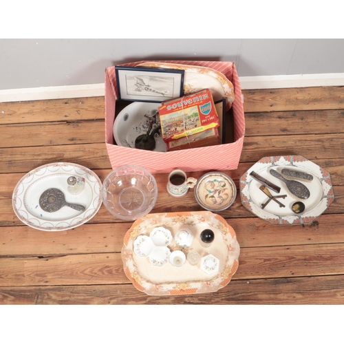 149 - One box of assorted miscellaneous, top include silver mounted dressing table items, Brownfield and S... 