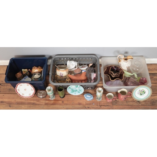 155 - Three boxes of assorted ceramics and glassware, to include a pair of polished stone vases, Denby jug... 