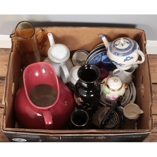 158 - A box of mostly ceramics. Includes pair of Staffordshire mantel dogs, Nicholas Laboratories Ltd salt... 