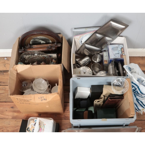 195 - Four boxes of miscellaneous to include Royal Osbourne Caprice part tea service, glassware, collectio... 