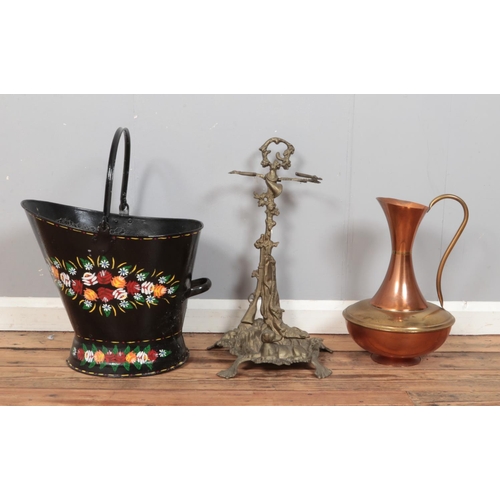 224 - Three pieces of decorative metalware, to include Barge ware coal scuttle and large copper and brass ... 