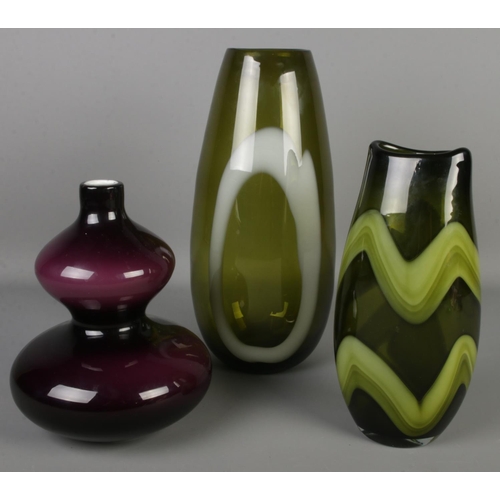 65 - Three coloured art glass vases. Includes double gourd example, etc.