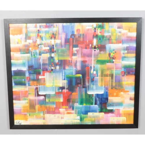 289 - An original Elias Nakouzy, framed acrylic on canvas, abstract scene. (70cm x 84cm) signed.