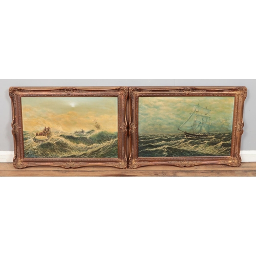 290 - G. Butten (unknown) two gilt framed seascapes, depicting vessels upon rough seas. Both signed and da... 