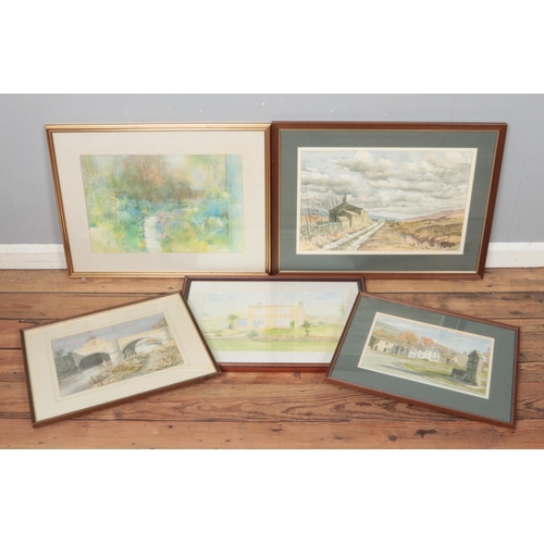 318 - Five framed watercolours, landscape scenes. Includes three D Harper examples and one signed Carey.