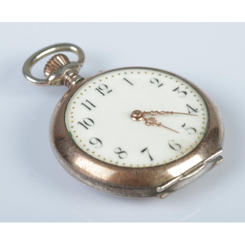 337 - A continental silver and gold coloured fob watch, with Arabic numeral dial. Stamped 800 to inside of... 