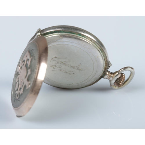 337 - A continental silver and gold coloured fob watch, with Arabic numeral dial. Stamped 800 to inside of... 