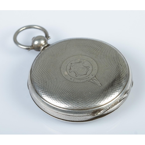 338 - A white metal full hunter pocket watch, with engine turned engraving and Roman Numeral dial.