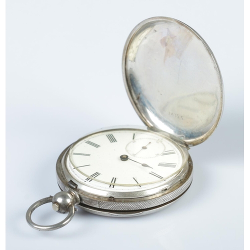 338 - A white metal full hunter pocket watch, with engine turned engraving and Roman Numeral dial.