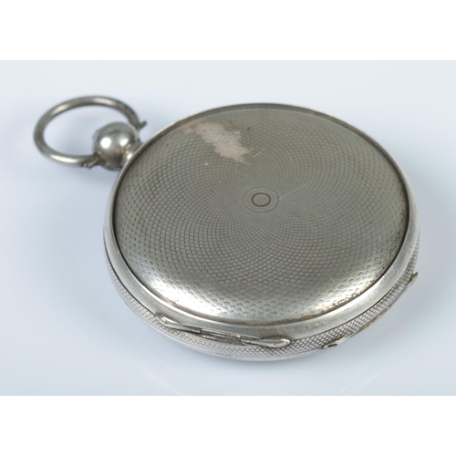 338 - A white metal full hunter pocket watch, with engine turned engraving and Roman Numeral dial.